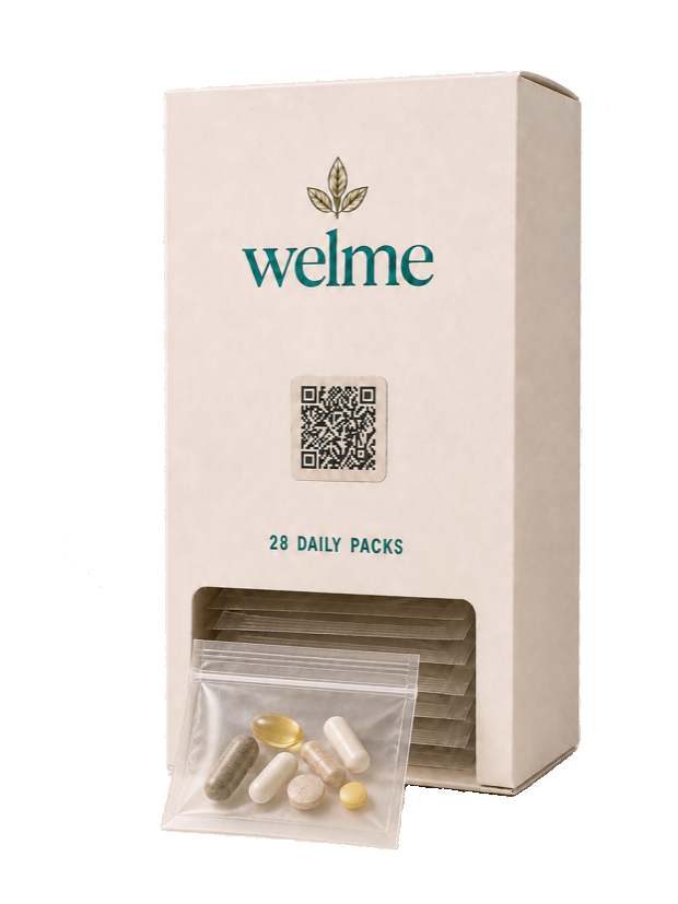 Welme box dispensing a see-through daily pack of supplements