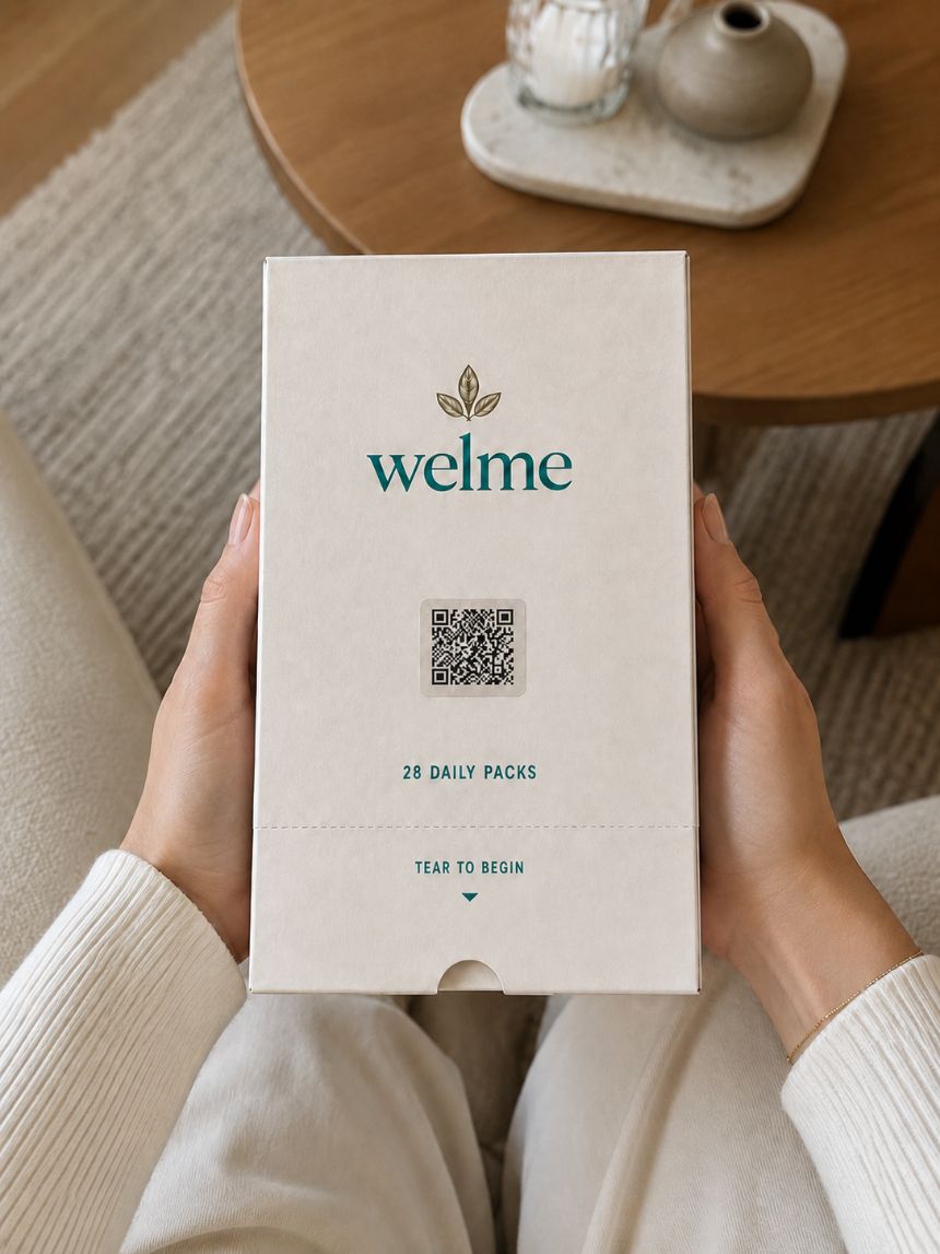 Hands holding the Welme Longevity box