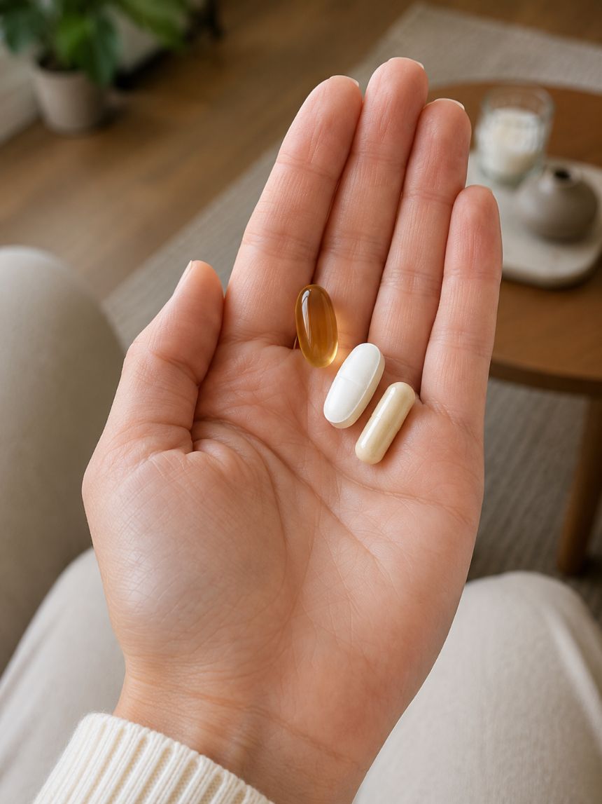 A hand holding three supplements
