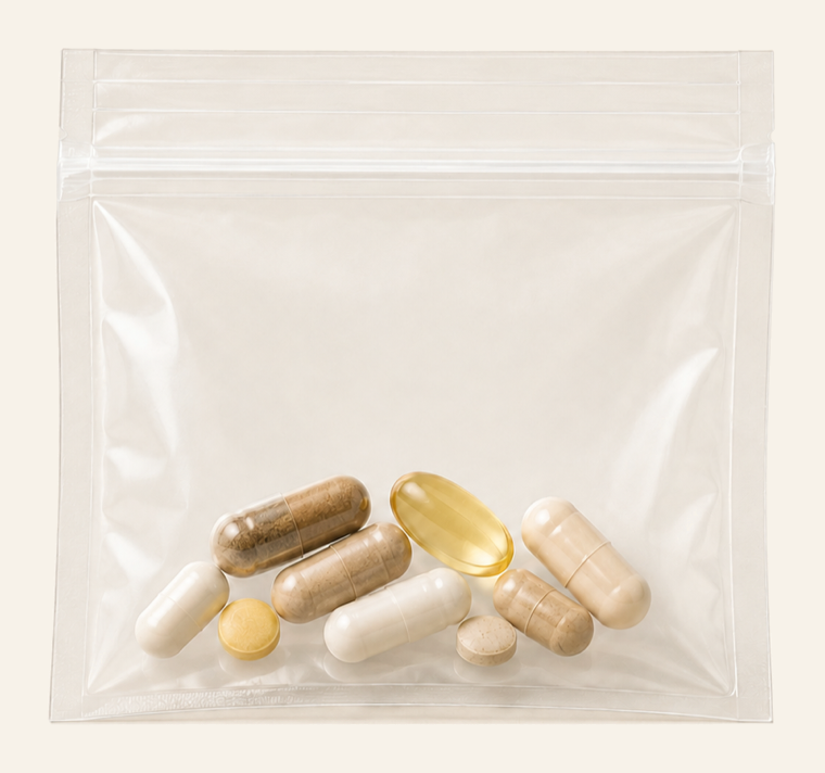 A see-through Welme daily pack holding a day of supplements