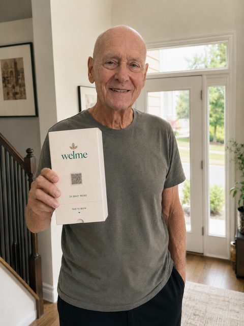 Man by his front door with a Welme box